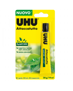 Potente attaccatutto liquido, con elevata tenuta, trasparente e senza solventi. Perfetto per incollaggi resistenti e su ogni tipo di materiale (cartoncino, carta, feltro, pelle, sughero, tessuto, legno, metallo, porcellana, vetro, Polistirolo®, PVC e molt