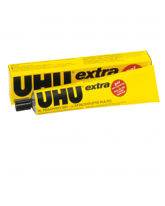 Attaccatutto universale UHU Extra in gel trasparente, non sporca, non cola e non fa fili. Ideale su diversi tipi di materiali come carta, cartone, legno, porcellana, metallo, vetro, ceramica, tessuti, feltro, plexiglas, cuoio e feltro.