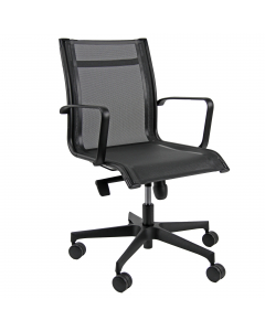 Poltrona direzionale girevole con elevazione a gas - meccanismo oscillante con blocchi. Braccioli inclusi (non rimovibili). Rivestimento seduta in rete di colore nero. Alt.tot.: 79-90cm; Prof.tot.: 68cm; Alt.schienale: 41cm; Larg.schienale: 48cm; Larg.sed