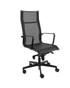 Poltrona direzionale girevole con elevazione a gas - con 4 blocchi anti shock - meccanismo oscillante con fulcro avanzato. Braccioli inclusi (non rimovibili). Rivestimento seduta in rete di colore nero. Alt.tot.: 105-116cm; Prof.tot.: 68cm; Alt.schienale: