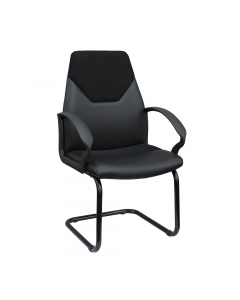 Poltrona in similpelle nera e tessuto poliestere con schienale medio. Braccioli in nylon e base a slitta in acciaio tubolare.