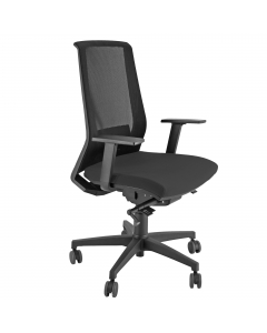 Poltrona semidirezionale ergonomica H12 (adatta per uso intenso). Schienale alto in rete nera con supporto lombare. Struttura in faggio multistrato e rivestimento in acrilico ignifugo. Braccioli regolabili e base in nylon. Meccanismo syncro con 4 blocchi.