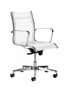 Poltrona direzionale girevole con elevazione a gas - meccanismo oscillante con blocchi. Rivestimento seduta in rete di colore bianco. Braccioli inclusi (non rimovibili). Alt.tot.: 79-90cm; Prof.tot.: 68cm; Alt.schienale: 41cm; Larg.schienale: 48cm; Larg.s