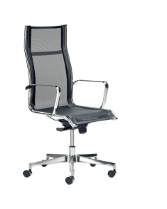 Poltrona direzionale girevole con elevazione a gas - con 4 blocchi anti shock - meccanismo oscillante con fulcro avanzato. Rivestimento seduta in rete di colore nero. Braccioli inclusi (non rimovibili). Alt.tot.: 105-116cm; Prof.tot.: 68cm; Alt.schienale: