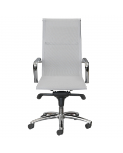 Poltrona direzionale adatta ad un uso intenso. Base in acciaio cromo Ø66cm. Struttura in acciaio tubolare ellittico cromo. 5 ruote in nylon Ø5cm. Sedile in rete. Braccioli inclusi (non rimovibili). Meccanismi: elevazione a gas, meccanismo oscillante con b