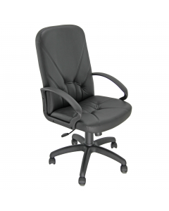 Poltrona in similpelle nera con schienale medio e fisso.
Braccioli e base con ruote in nylon. 
Meccanismo oscillante con blocchi. Elevazione a gas. 

Altezza totale: 97-107cm
Profondità totale: 62 cm
Altezza seduta: 44/54 cm
Larghezza sedile: 50 cm
Larghe