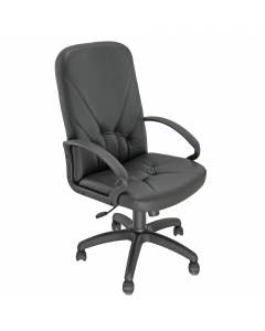 Poltrona in similpelle colore nero con schienale alto e fisso.
Braccioli e base con ruote in nylon. 
Meccanismo oscillante con blocchi.Elevazione a gas.

Altezza totale: 106-118cm
Profondità totale: 62 cm
Altezza seduta: 47/59 cm
Larghezza sedile: 50 cm
L