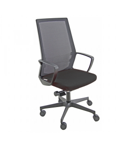 Poltrona ergonomica adatta per uso intenso. Schienale in rete semitrasparente con supporto lombare regolabile. Meccanismo synchro con 4 blocchi antishock, traslatore e variatore di forza a contatto permanente. Scocca integrata ai braccioli. Elevazione a g