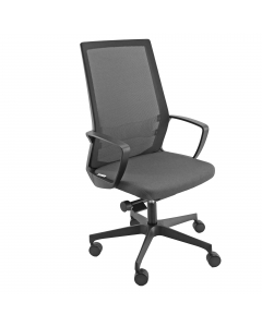 Poltrona ergonomica adatta per uso intenso. Schienale in rete semitrasparente con supporto lombare regolabile. Meccanismo synchro con 4 blocchi antishock, traslatore e variatore di forza a contatto permanente. Scocca integrata ai braccioli. Elevazione a g