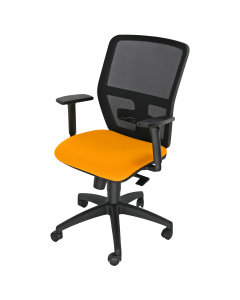 Seduta operativa girevole con elevazione a gas - meccanismo synchro con 4 blocchi anti shock - meccanismo a contatto permanente - schienale con supporto lombare regolabile. Completa di braccioli regolabili e base in nylon. Rivestimento in tessuto "ECO-Eco