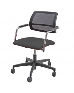 Seduta adatta per una sala riunione oppure come seduta visitatore. Seduta in polipropilene 100% e schienale in rete nera. Elegante, con struttura cromata braccioli inclusi. Girevole e con elevazione a gas. Alt. tot: 80-90cm; Prof.tot: 63cm; Alt.schienale: