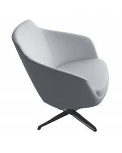 Poltroncina su basamento in metallo cromato girevole. Rivestimento seduta in tessuto "PLUS - Eco Leather" idrorepellente, facile da pulire, senza flatati e flame retardant. Alt.tot.: 75cm; Prof.tot.: 80cm; Larg.tot.: 75cm.