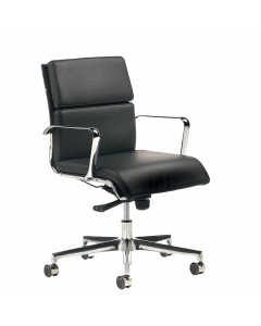 Poltrona direzionale girevole con elevazione a gas - meccanismo oscillante con blocco. Braccioli inclusi (non rimovibili). Rivestimento seduta in tessuto "PLUS - Eco Leather" idrorepellente, facile da pulire, senza flatati e flame retardant.  Alt.tot.: 79