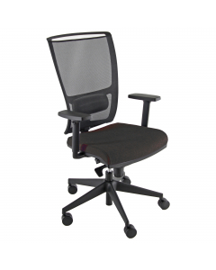 Poltrona semidirezionale H12 (adatta per uso intenso). Schienale alto in rete nera con supporto lombare regolabile. Rivestimento seduta in acrilico ignifugo. Braccioli regolabili e base in nylon. Meccanismo syncro. Meccanismo anti shock, meccanismo a cont