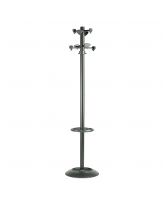 Appendiabiti da terra con stelo in metallo. Base in plastica con vaschetta raccogligocce. Dotato di 8 supporti e portaombrelli. Testa girevole. Dimensioni: 175x39cm