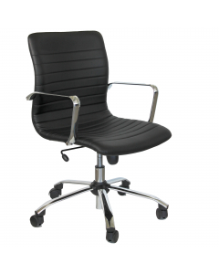 Poltrona direzionale girevole - sedile e schienale in multistrati di legno - elevazione a gas - meccanismo oscillante con blocchi - base e braccioli in acciaio cromato. Rivestimento seduta in tessuto "PLUS - Eco Leather" idrorepellente, facile da pulire, 