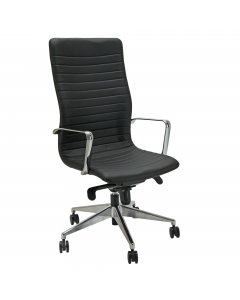 Poltrona direzionale girevole - sedile e schienale in multistrati di legno - elevazione a gas - meccanismo oscillante con blocchi - braccioli in acciaio cromato e base in alluminio. Rivestimento seduta in tessuto "PLUS - Eco Leather" idrorepellente, facil
