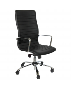 Poltrona direzionale girevole - sedile e schienale in multistrati di legno - elevazione a gas - meccanismo oscillante con blocchi - base e braccioli in acciaio cromato. Rivestimento seduta in tessuto "PLUS - Eco Leather" idrorepellente, facile da pulire, 