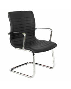 Seduta direzionale visitatore - sedile e schienale in multistrati di legno - base in acciaio cromato. Rivestimento seduta in tessuto "PLUS - Eco Leather" idrorepellente, facile da pulire, senza flatati e flame retardant. Braccioli inclusi (non rimovibili)