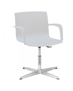 Sedia girevole 100% polipropilene con piedini - elevazione a gas - base alluminio pressofuso - completa di braccioli. Alt. tot: 81-92cm; Prof.tot: 63cm; Alt.schienale: 37cm; Largh.schienale: 48cm; Largh. sedile: 48cm; Prof.sedile: 50cm; Alt.sedile: 45-56c