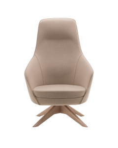 Poltroncina su basamento girevole in legno di frassino verniciato. Rivestimento seduta in tessuto "PLUS - Eco Leather" idrorepellente, facile da pulire, senza flatati e flame retardant. Alt.tot.: 111cm; Prof.tot.: 80cm; Larg.tot.: 75cm.