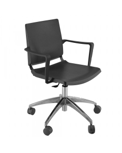 Poltroncina girevole con braccioli inclusi - elevazione a gas- base allumino lucido - 100% polipropilene. Alt. tot: 77-91cm; Prof.tot: 62cm; Alt.schienale: 39cm; Largh.schienale: 39cm; Largh. sedile: 45cm; Prof.sedile: 45cm; Alt.sedile: 44-67cm.