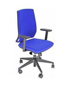 Poltrona semidirezionale H12 (adatta per uso intenso). Schienale alto in spugna con supporto lombare regolabile. Rivestimento seduta in tessuto NO FLAME (reazione al fuoco classe 1). Braccioli regolabili e base in nylon. Meccanismo syncro con 4 blocchi an