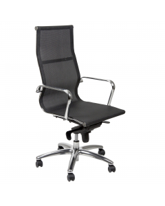 Poltrona direzionale adatta ad un uso intenso. Base in acciaio cromo Ø66cm. Struttura in acciaio tubolare ellittico cromo. 5 ruote in nylon Ø5cm. Sedile in rete. Braccioli inclusi. Meccanismi: elevazione a gas, meccanismo oscillante con blocchi. Schienale