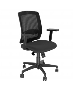 Seduta semidirezionale ergonomica girevole con elevazione a gas. Meccanismo synchro con 4 blocchi anti shock. Schienale in rete portante nera con supporto lombare regolabile UP DOWN. Rivestimento in tessuto "PLUS - Bondai" 100% poliestere no flame e certi