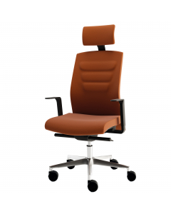 Poltrona direzionale girevole con elevazione a gas e poggiatesta- meccanismo synchro con 4 blocchi anti shock - base alluminio pressofuso. Rivestimento seduta in tessuto "PLUS - Eco leather" PES 20% PVC 79% PU 1% idrorepellente, facile da pulire, senza fl