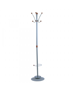 Appendiabiti a 8 posti con portaombrelli. In metallo satinato grigio grigio argento. base 40cm, altezza 180cm.