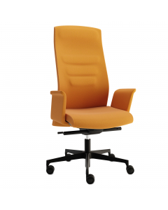 Poltrona direzionale girevole con elevazione a gas - meccanismo synchro con 4 blocchi anti shock - base nylon col.nero. Rivestimento seduta in tessuto "TOP vera pelle smerigliata". Completa di braccioli fissi. Alt.tot.: 93-105cm; Prof.tot.: 70cm; Alt.schi