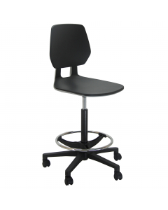 Seduta alta con schienale mendio e poggiapiedi regolabile. Sedile e schienale interamente in polipropilene sanificabile. Schienale fisso. Elevazione a gas. Base in nylon.
Altezza totale -> 103-128cm
Profondità totale -> 66cm
Altezza seduta -->  58-83cm
La
