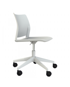 Seduta girevole in polipropilene con schienale fisso. Base in nylon di colore bianco, elevazione a gas. Senza braccioli.  Alt.tot.: 81-92; Prof.tot.: 62; Larg.seduta: 50cm; Altezza seduta: 44-55cm