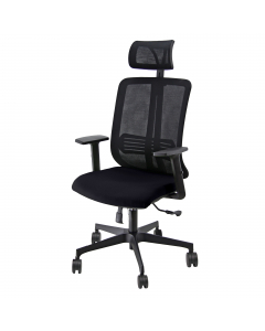 Poltrona ergonomica adatta per uso intenso. Schienale in rete nera con supporto lombare regolabile. Meccanismo synchro con 3 blocchi antishock, traslatore e variatore di forza a contatto permanente. Poggiatesta in rete. Seduta in rivestimento NO FLAME. Br
