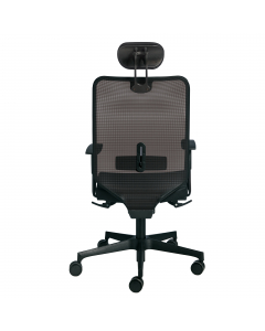 Seduta operativa ergonomica - schienale alto con poggiatesta regolabile - meccanismo syncro - regolazione peso - anti shock - dotata di supporto lombare regolabile - base nylon. Rivestimento seduta in tessuto "PLUS - Eco leather" idrorepellente, facile da