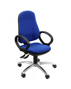 Seduta operativa con schienale alto con sagomature lombari. Meccanismo sincronizzato a 2 leve per la regolazione in altezza del sedile e schienale. Elevazione a gas e base cromata con ruote. Braccioli fissi in nylon e rivestimento acrilico 100%.