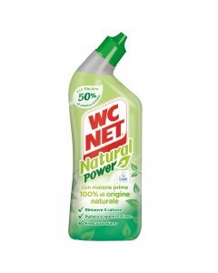 WC Net disincrostante Natural Power 700ml realizzato con materie prime 100% di origine naturale. Rimuove il calcare, igienizza e rilascia un fresco profumo. Eco flacone con 50% di plastica riciclata. Certificato Ecolabel.