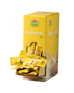 Salsa mayonese confezionata in bustine di 15g.
Ingredienti: Olio di semi di girasole (50%), Acqua, Uova pastorizzate (9%), Aceto di vino, Amido modificato di mais, Succo di limone, Sale, Zucchero, Senape, Correttore di acidità : acido citrico (E330), Adde