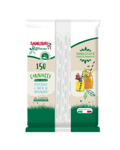 Cannucce in carta realizzate in Italia con carta certificata FSC. Resistono per lungo tempo in tutti i liquidi, senza alterarne l'odore e il sapore. Colore: bianco e bianco con righe avana. Lunghezza:200mm ; Diametro 6mm.