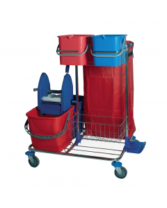 Carrello per pulizia con Portasacco 120lt  in tubolare ferro cromato; portasecchi da 9lt; 2 secchi da 25lt rosso e blu in polipropilene;  2 secchi da 9lt rosso e blu in polipropilene; strizzatore in polipropilene; 4 ruote metallo zincato con parafili in p