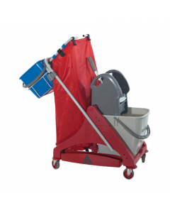 Carrello multifunzione 30Lt dalle dimensioni compatte ideale per la pulizia integrata di ambienti di dimensioni medio piccole. 2 secchi da 15Lt, vaschetta, 2 secchi da 6Lt e portasacco 120Lt. Dimensione: 42x78x108cm. Adatto per la pulizia di alberghi, sta