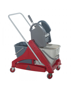 Carrello duo in plastica lt. 15x2 con impugnatura in rilsan reversibile e due vaschette. Composto da: Telaio in plastica con ruote Ø 80 mm; Impugnatura in rilsan; 2 Secchi lt.15; Strizzatore Squeezee in polipropilene con portamanico; 2 Vaschetta in plasti
