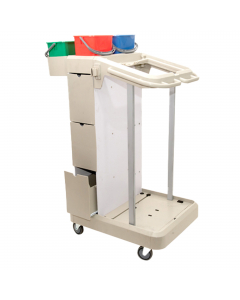 Carrello multifunzione modello 11 dotato di mobiletto con 3 cassetti, portasacco 120Lt, vaschetta di servizio, 4 secchi di servizio da 6Lt. Dimensione: 75x60x118cm.