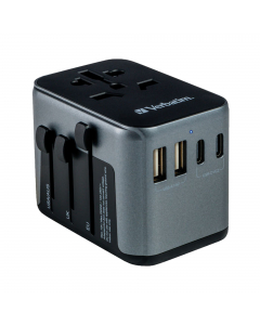 L'adattatore da viaggio universale Verbatim può essere utilizzato in più di 180 paesi. Questa presa multipla world-to-world ricaricherà fino a sei dispositivi contemporaneamente tramite la presa di alimentazione CA e le due porte USB-A e tre porte USB-C. 