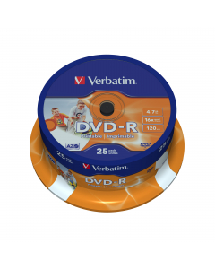 SCATOLA 25 DVD-R SPINDLE 16X 4.7GB 120MIN. STAMPABILE WIDE PHOTO INKJET