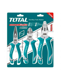 Set da 3 Pinze: Pinza combinata da 200mm; Pinza a becchi lunghi da 160mm; Tronchese da 160mm. Materiale: Cr-V. Finitura nera