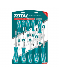 Set da 10 cacciaviti; Materiale: Cr-V;  Misure: SL3.0*3*75, SL4.0*4*100, SL5.5*5*125, SL6.5*6*150, SL8.0*8*200, SL6.5*6*38, PH0*3*60, PH1*5*80, PH2*6*100, PH3*8*150