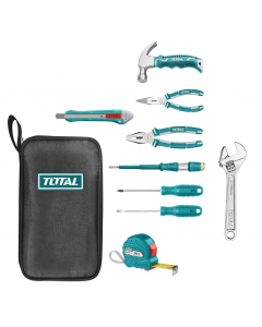 Set da 9 Pezzi che include:1 flessometro; 1 cacciavite a croce PH1 - 5x100mm; 1 cacciavite a taglio SL5.5 - 5x100mm; 1 chiave regolabile;1 pinza a becchi lunghi; 1 pinza combinata; 1 taglierino; 1 cacciavite cercafase; 1 martello.