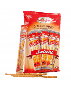 Grissini nuovi nella forma e nel gusto, con olio extravergine di oliva e salati in superficie. Accompagnano ogni pietanza in modo originale, adatti anche per aperitivi. Confezione da 240 gr (18 monoporzioni).
Ingredienti: Farina di grano tenero tipo “0”, 